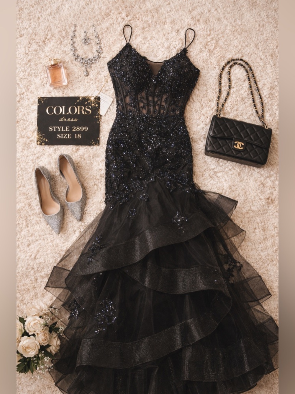 Colors Black Rhinestone Lace Corset Mermaid Gown Size 18 NWT Prom Formal Dress